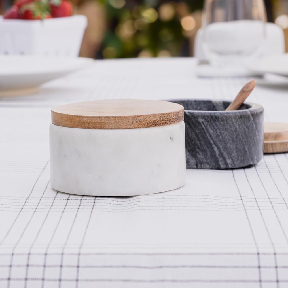 Cork & Mill White Marble Salt Cellar with Acacia Wood Lid and Spoon - Picture 3 of 14